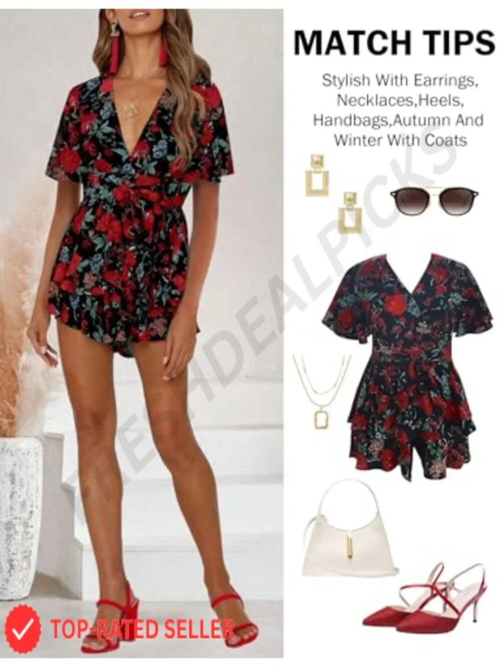 Women's Floral Romper V Neck Short Sleeve Waist Tie Ruffle Hem Polyester